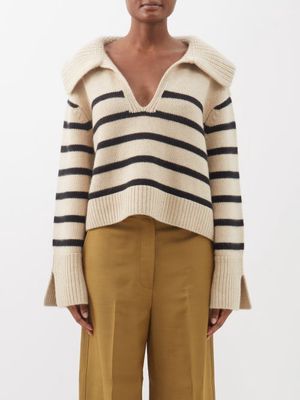 Khaite - Evi Striped Cashmere Polo Sweater - Womens - White Stripe