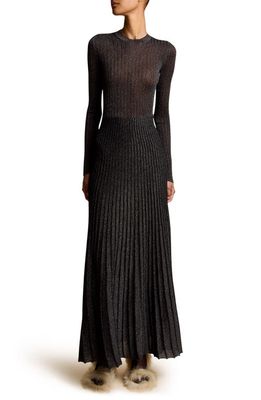 Khaite Keese Metallic Rib Long Sleeve Maxi Dress in Onyx