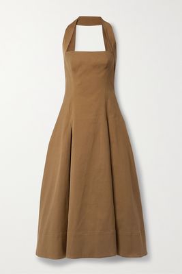 Khaite - Lalita Pleated Cotton-blend Twill Halterneck Midi Dress - Brown