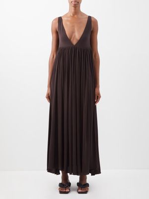 Khaite - Layas V-neck Pleated Crepe Dress - Womens - Dark Brown