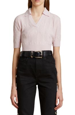 Khaite Lylith Cable Knit Cashmere Crop Polo Sweater in Dahlia
