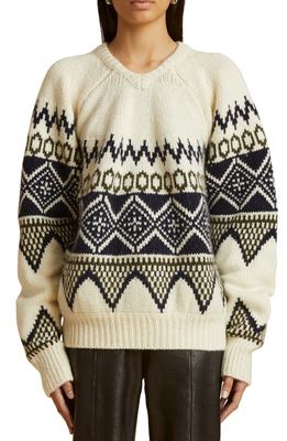 Khaite Nalani Fair Isle Cashmere V-Neck Sweater in Ivory Multi