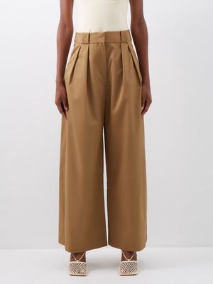 Khaite - Rico Pleated Cotton-twill Wide-leg Trousers - Womens - Light Khaki
