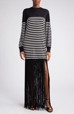 Khaite Stripe Long Sleeve Fringe Detail Dress in Black /Ivory Stripe