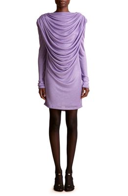 Khaite Taiden Low Back Draped Long Sleeve Metallic Minidress in Lavender