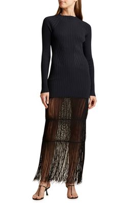 Khaite The Cedar Long Sleeve Fringe Maxi Dress in Black