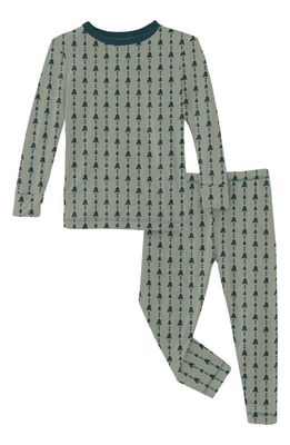 KicKee Pants Kids' Print Long Sleeve Fitted Two-Piece Pajamas in Silver Sage Trees And Hearts
