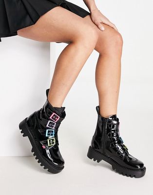 Kickers confetti qween boots with multicolor buckles in black