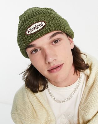 Kickers waffle beanie in green with logo embroidery