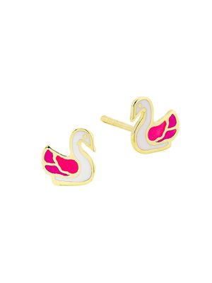Kid's 14K Gold & Enamel Swan Stud Earrings - Gold