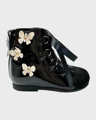 Kid's Butterfly-Embellished Patent Leather Boots, Size 5-12