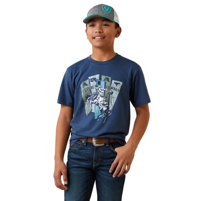 Kid's Cowboy Planks T-Shirt in Light Navy, Size: XS by Ariat