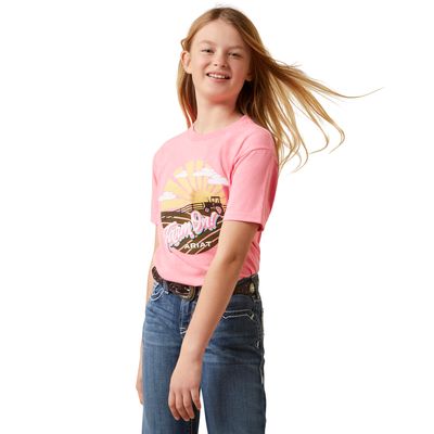 Kid's Farm Easy T-Shirt in Neon Pink Heather, Size: XS by Ariat