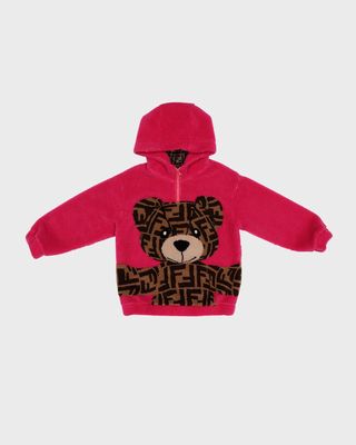 Kid's Fuzzy Monogram Bear Wool Hoodie, Size 8-14