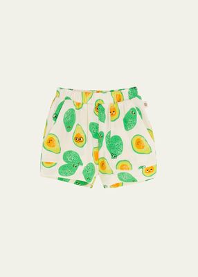 Kid's Happy Face Avocado-Print Shorts, Size 6M-24M