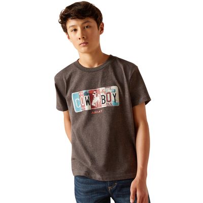 Kid's License Plate Cowboy T-Shirt in Charcoal Heather, Size: XS by Ariat