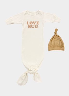 Kid's Love Bug Knotted Gown w/ Hat, Size 0-3M