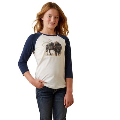 Kid's Painted Buffalo T-Shirt in Coconut Milk Navy Eclipse, Size: 2XL by Ariat