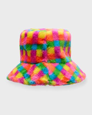 Kid's Rainbow Check-Print Faux Fur Bucket Hat