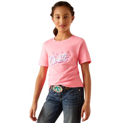 Kid's Rainbow Script T-Shirt in Neon Pink Heather, Size: XS by Ariat