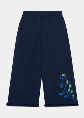 Kid's T-Rex Embroidered Cashmere Pants, Size 2-10