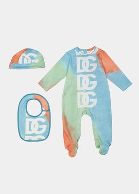 Kid's Tie Dye Logo-Print Footed Coverall W/ Hat & Bib Set, Size Newborn-18M