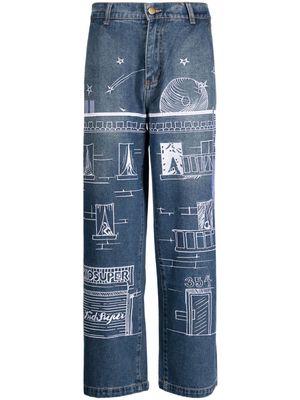 KidSuper Fire Escape embroidered straight-leg jeans - Blue