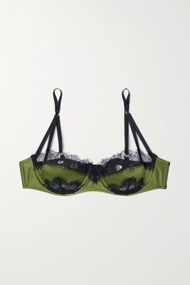 Kiki de Montparnasse - Lace-trimmed Stretch-silk Charmeuse Underwired Balconette Bra - Green