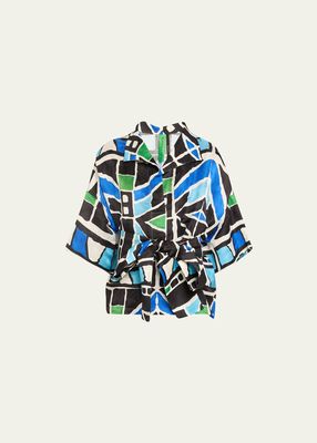 Kilimi Claudia Abstract Print Self-Tie Linen Blouse