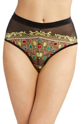 KILO BRAVA Backless Embroidered Mesh Briefs in Black Jeweled Embroidery