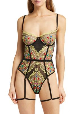 KILO BRAVA Embroidered Underwire Teddy with Garter Straps in Black Jeweled Embroidery