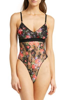 KILO BRAVA Floral Lace Thong Teddy in Black Floral
