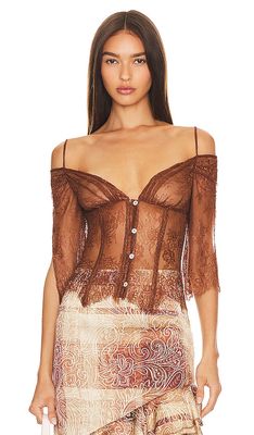 Kim Shui Lace Off Shoulder Top in Brown