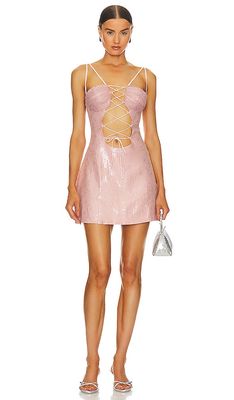 Kim Shui Lace Up Pailette Mini Dress in Pink