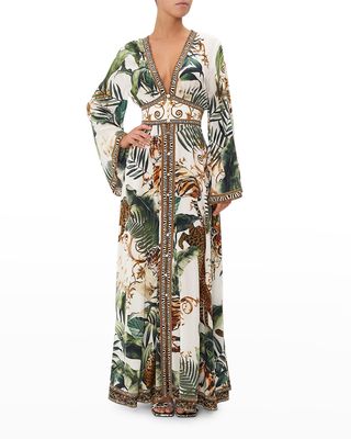 Kimono-Sleeve Tiger-Print Maxi Silk Dress