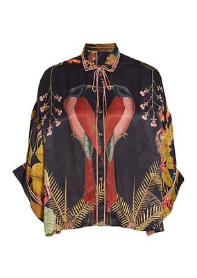 Kimono Tropical Satin Button-Up Shirt