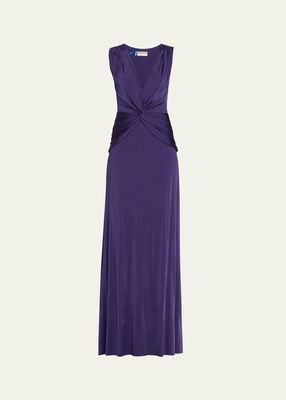 Kinj Twist-Front Deep V-Neck Jersey Gown