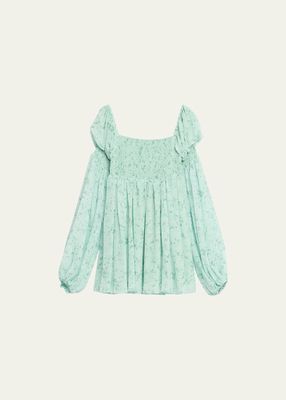 Kinsley Blouson-Sleeve Smocked Floral Silk Mini Dress