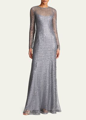 Kirsten Long-Sleeve Sequin Net Gown