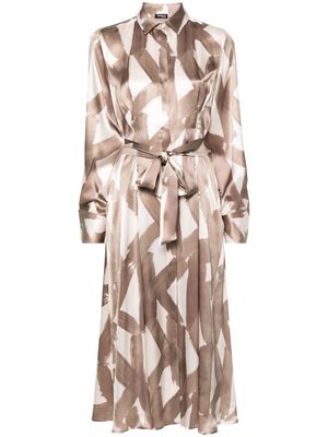 Kiton abstract-print silk midi dress - Brown