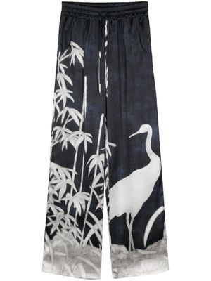 Kiton botanical-print silk trousers - Blue