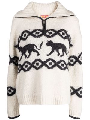 Kitri patterned intarsia-knit zip-up jumper - White