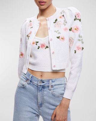 Kitty Floral-Embroidered Puff-Sleeve Cardigan