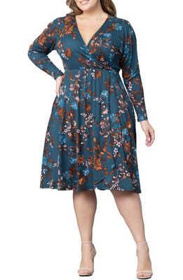 Kiyonna Aster Long Sleeve Faux Wrap Dress in Teal Blue Asters