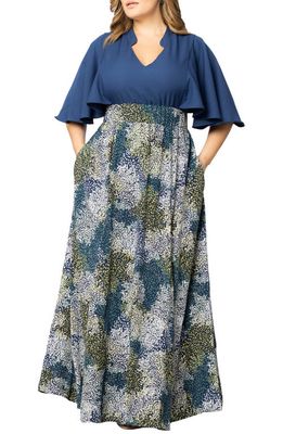 Kiyonna Avisa Flutter Sleeve Maxi Dress in Blue Impressionist Print