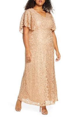 Kiyonna Celestial Cape Sleeve Lace Gown in Champagne