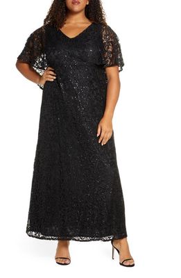 Kiyonna Celestial Cape Sleeve Lace Gown in Onyx