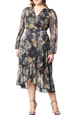 Kiyonna Clara Floral Metallic Midi Wrap Dress in Gilded Florals