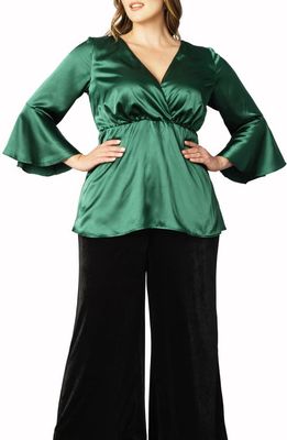Kiyonna Floral Print Bell Sleeve Blouse in Emerald Green