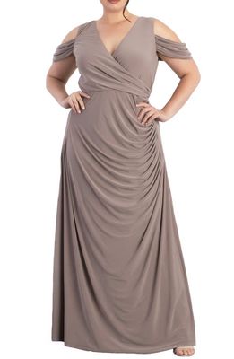 Kiyonna Gala Glam Cold Shoulder Gown in Tantalizing Taupe